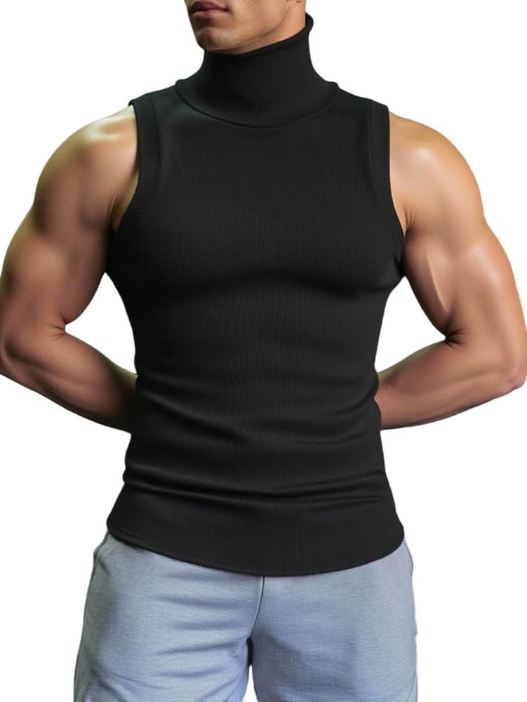 Men’s Sleeveless Ribbed Knit Mock Turtleneck Muscle Fit Tank Top Pullover Shirt