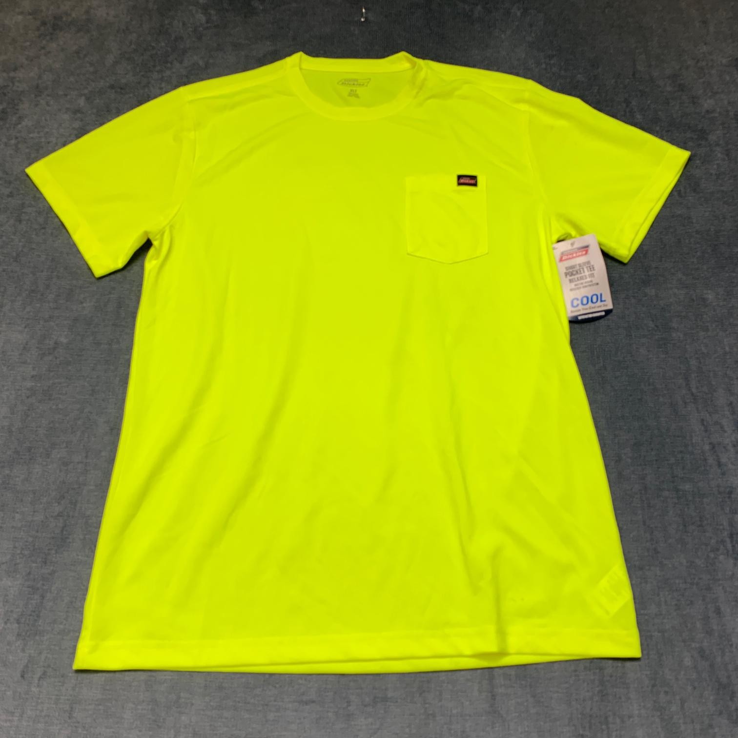 Genuine Dickies T Shirt Mens XLT Neon Green Pockets Moisture Wicking Relaxed Fit
