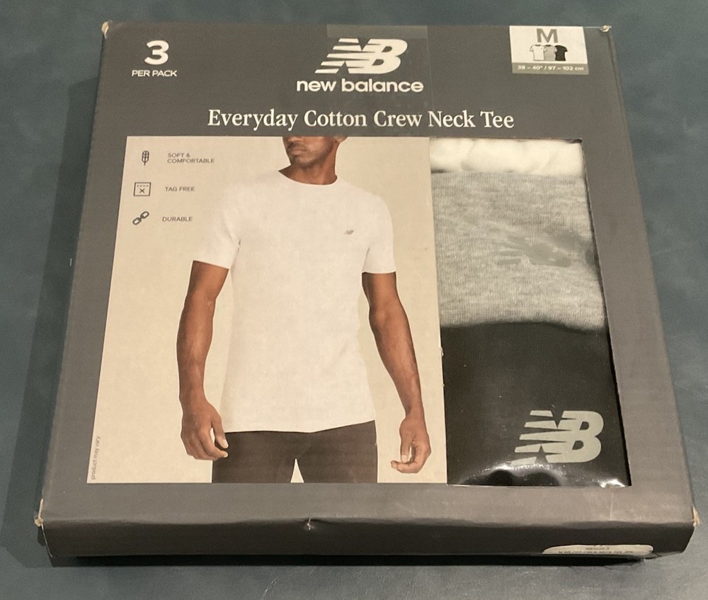 New Balance Men’s M 3-Pack White Gray Black Tag Free Cotton Crew Neck Tee NIB