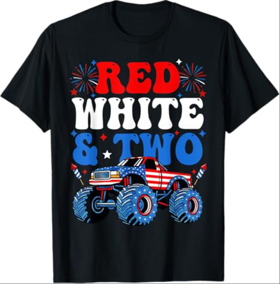 2nd Birthday Boy Monster Truck Red White and Two 4th of July T-Shirt gallery