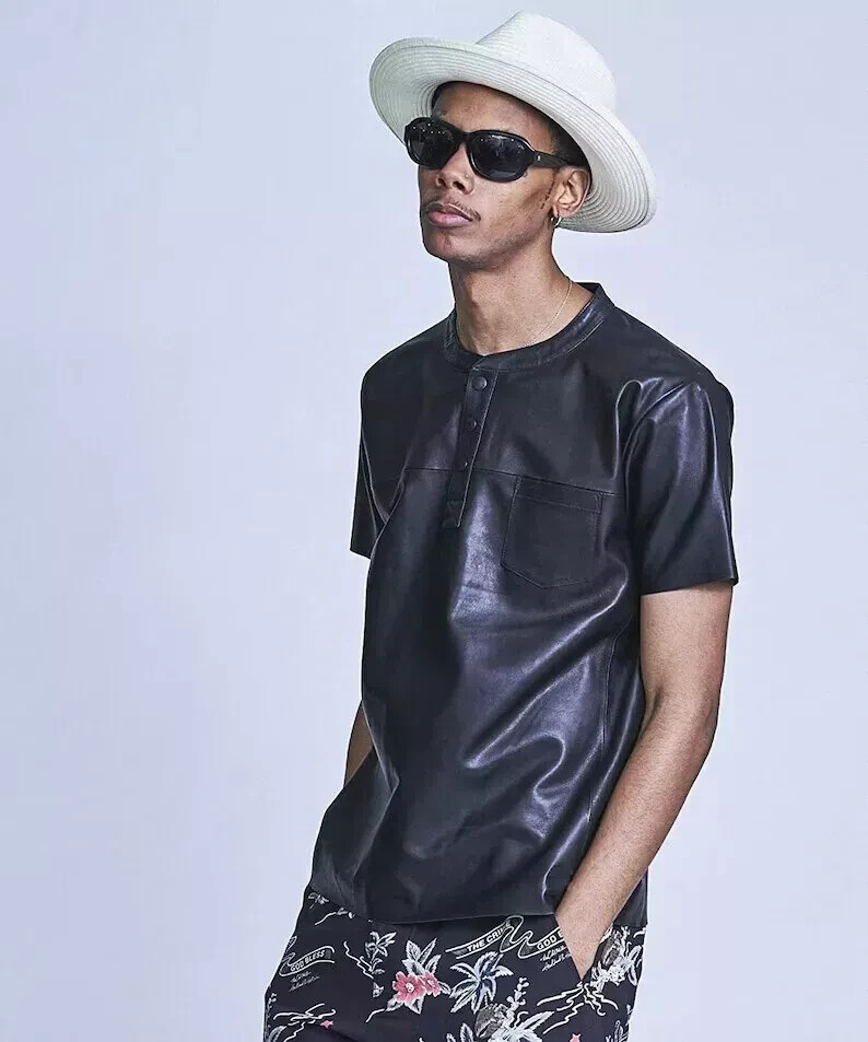 New Handmade Stylish Leather T Shirt Men’s Genuine Lambskin Casual Wear Summer