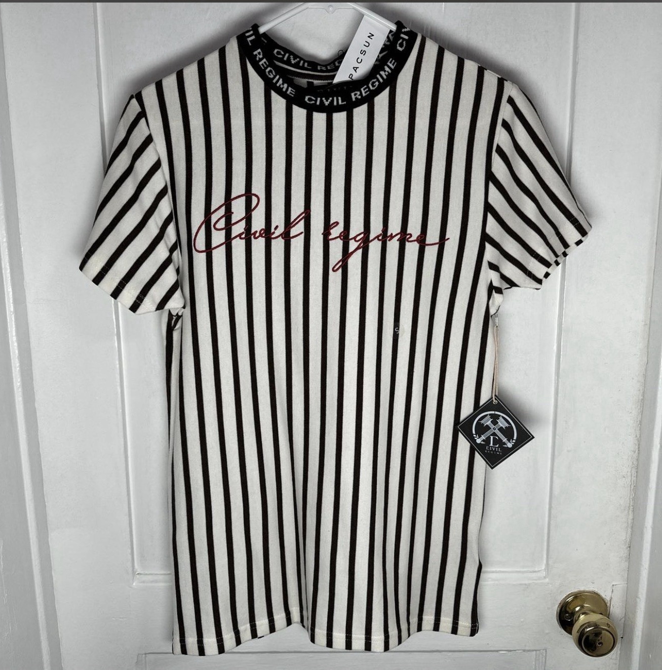 Civil Regime Men’s S Black/White Striped Logo Crew Neck Short Sleeve T-Shirt gallery