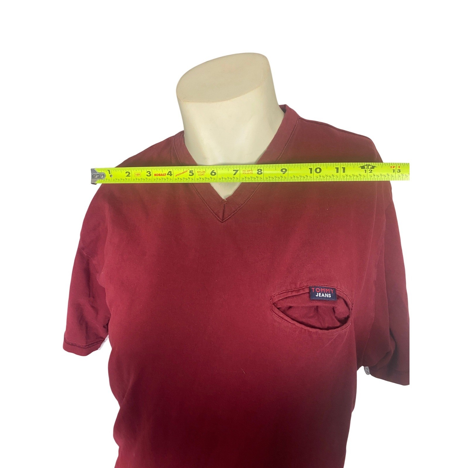 Vintage Tommy Jeans Mens Large Red V Neck Pocket T Shirt Flag Logo 90s gallery