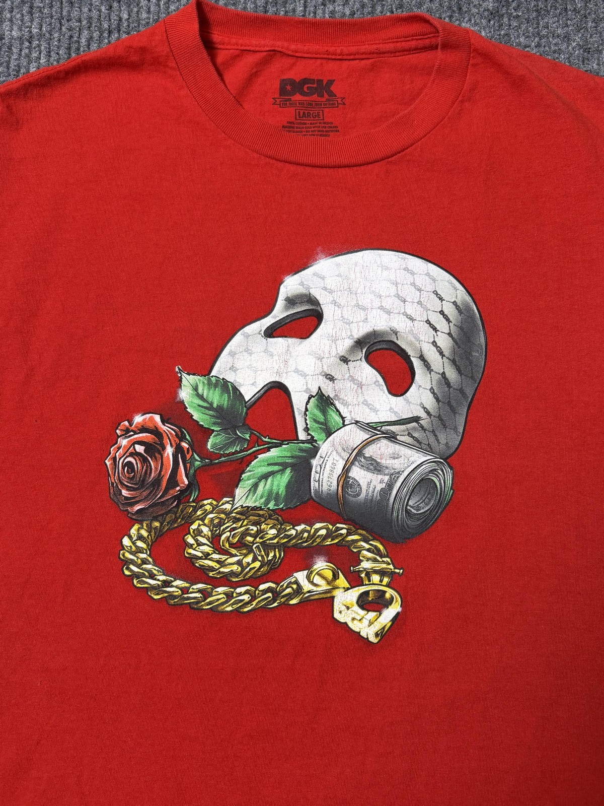DGK Shirt Mens Large Skull Rose Money Chain Mask Skate Tee Streetwear Red White gallery