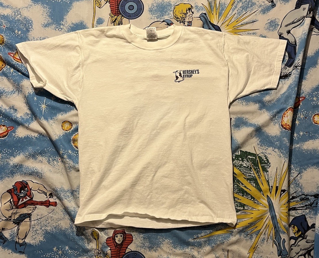 Vintage Hersheys Chocolate Syrup 90’s Pour It On Ice Cream Cow T Shirt Size L