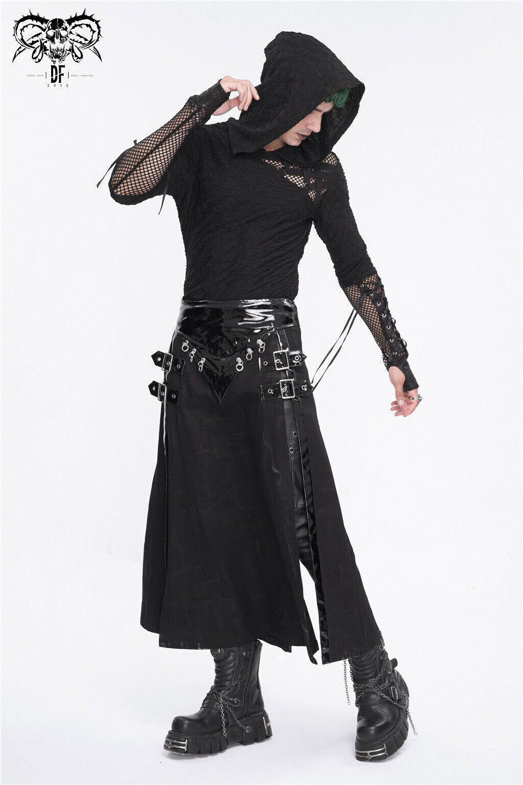 Devil Fashion Men Black Gothic Punk Mesh Splicing Casual Hooded T-Shirt Slim Top gallery
