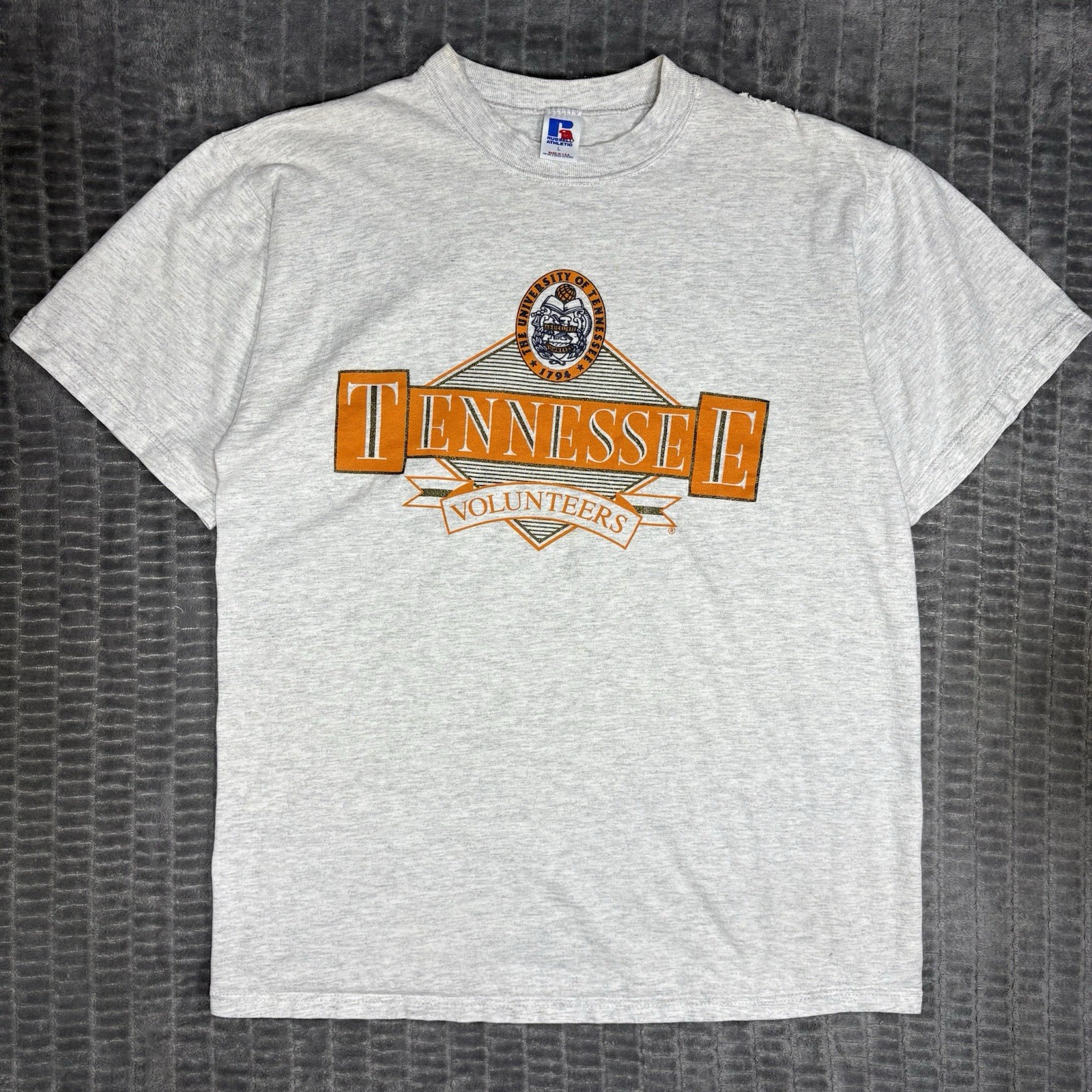 Vtg 90s Tennessee Volunteers T Shirt L Russell Athletic Back Print Distressed