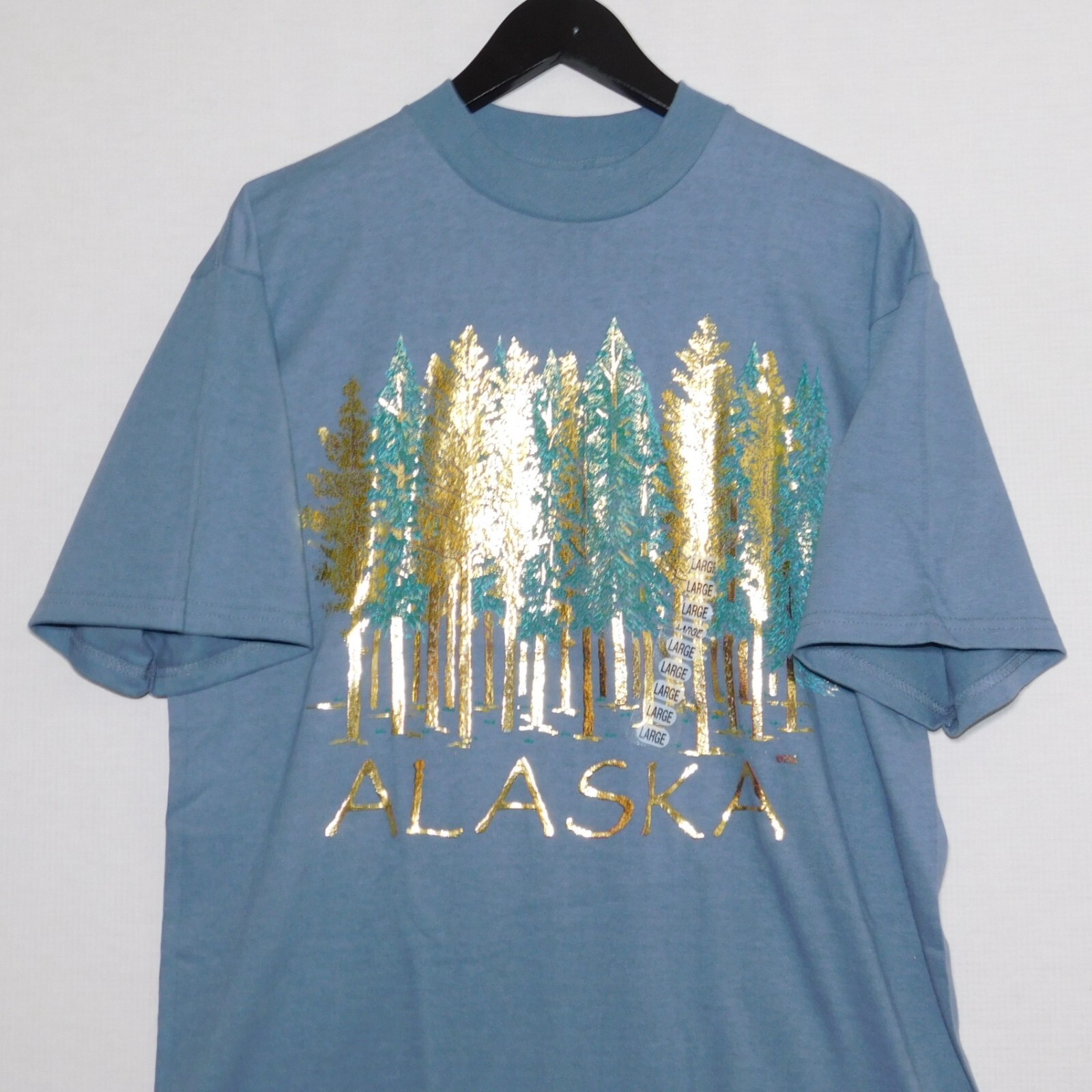 Vintage 1990s ALASKA USA Shiny Gold Metallic Forest NWT Unworn T Shirt Mens L gallery