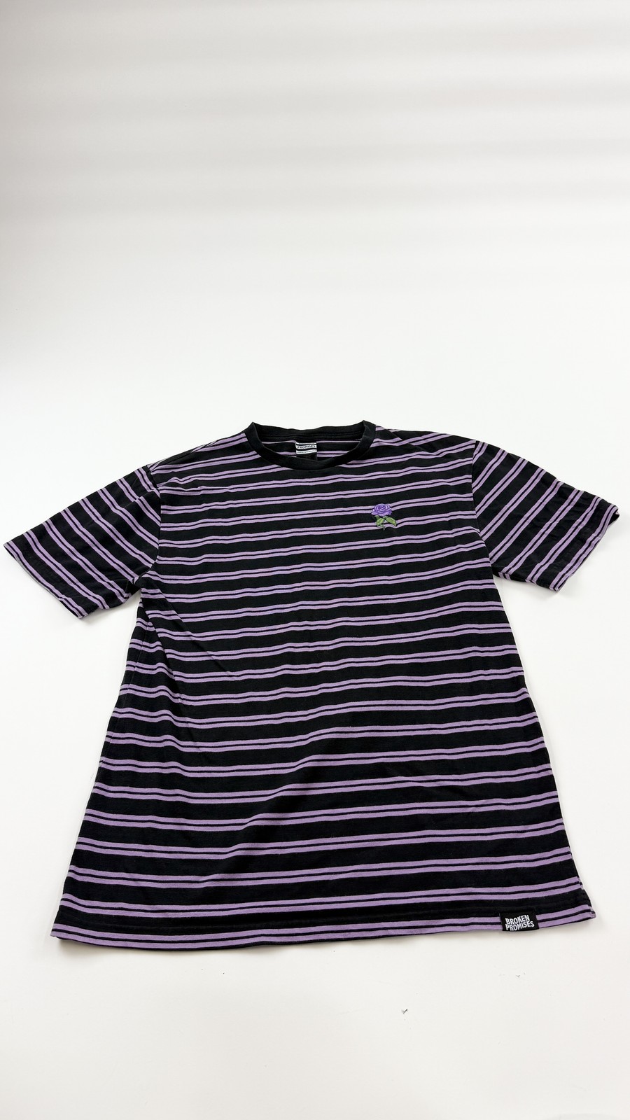 Broken Promises Shirt Mens XL Black Purple Striped Rose Embroidered Skate Tee gallery