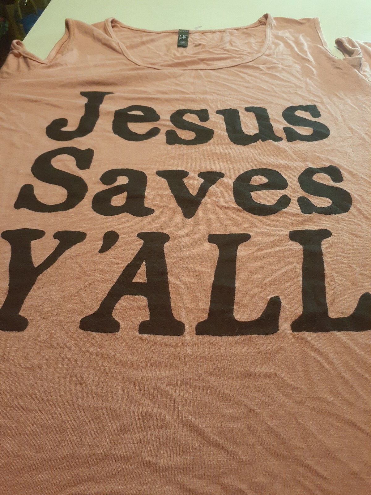 Pink Jesus Saves Y'all medium cold shoulder T Shirt Tee Religious God Faith gallery