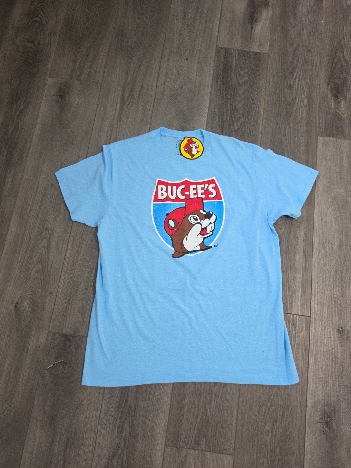 Buc-ees Light Blue T-Shirt Men's Sz L "Heck Yeah Buc-ees" Front/Back Graphic NWT gallery