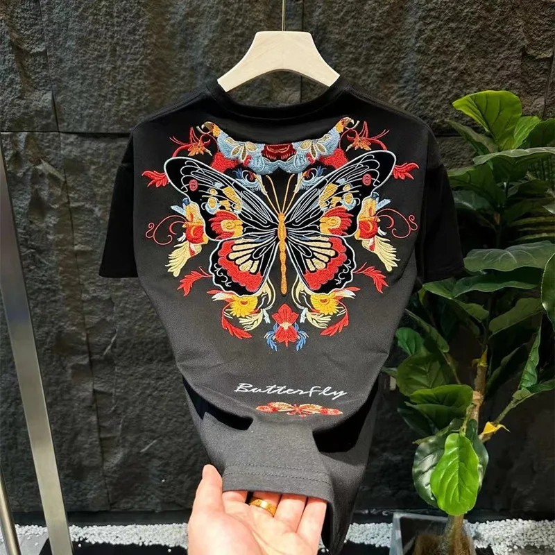Luxury Butterfly Embroidery Cotton T-Shirt Heavy Texture Loose Fit Casual Tee gallery