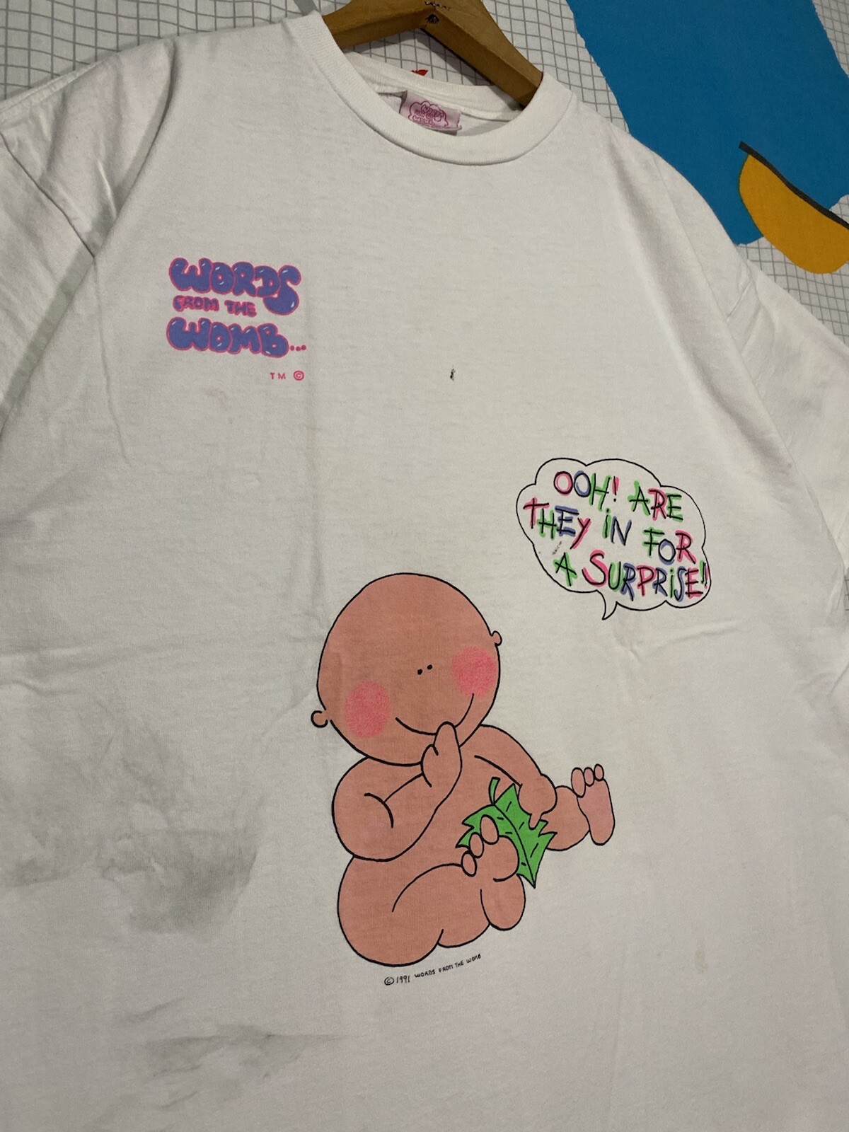 Vintage Words From The Womb Tshirt XL Funny Baby Newborn Fetus Cartoon 1991 gallery