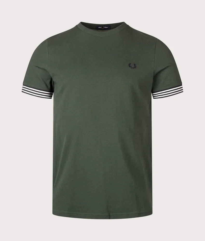FRED PERRY STRIPED CUFF PIQUE COTTON T-SHIRT COURT GREEN 2XL RRP £60 BNWT