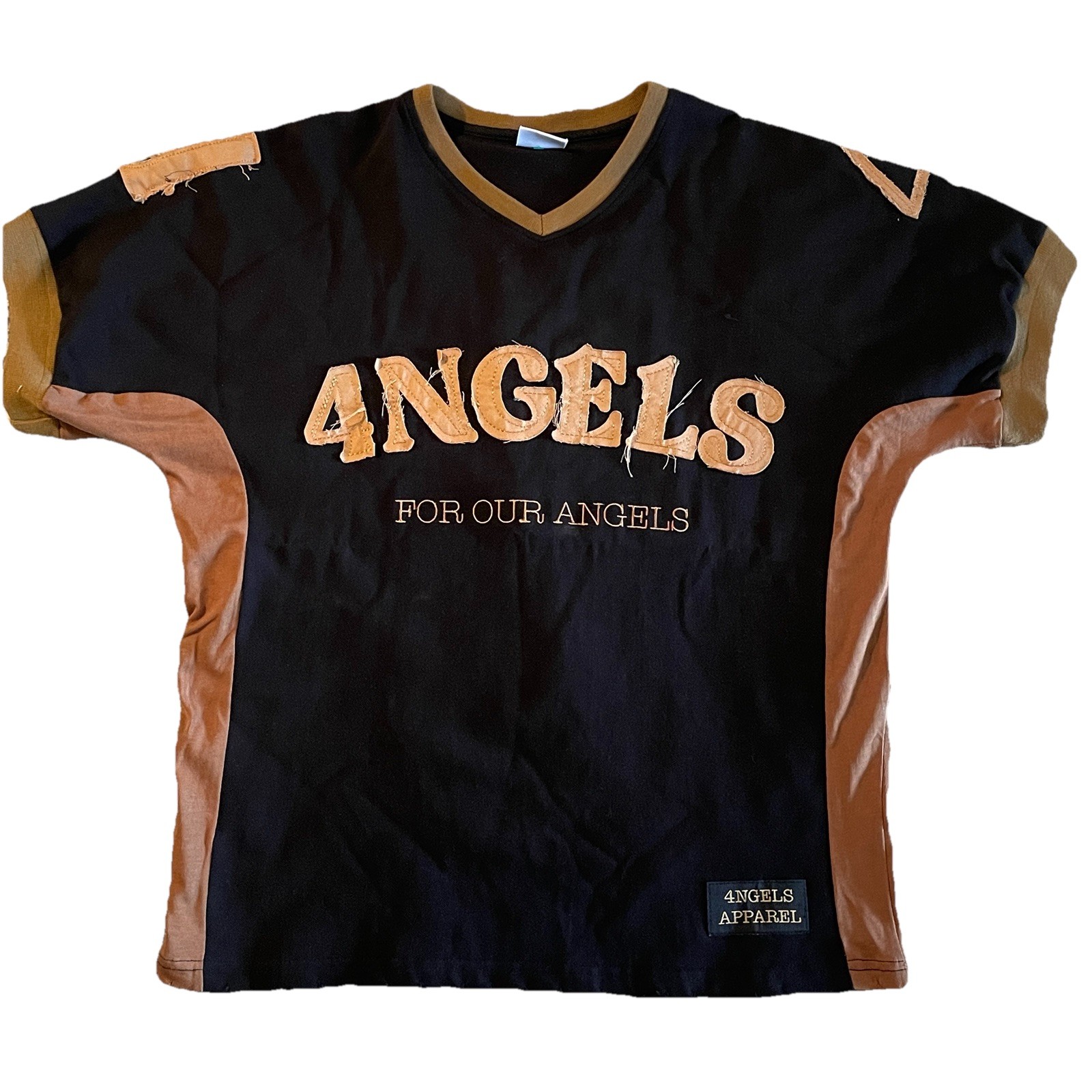 4ngels Four Angels Denim V Neck T-Shirt Streetwear Handmade Large Brown & Black