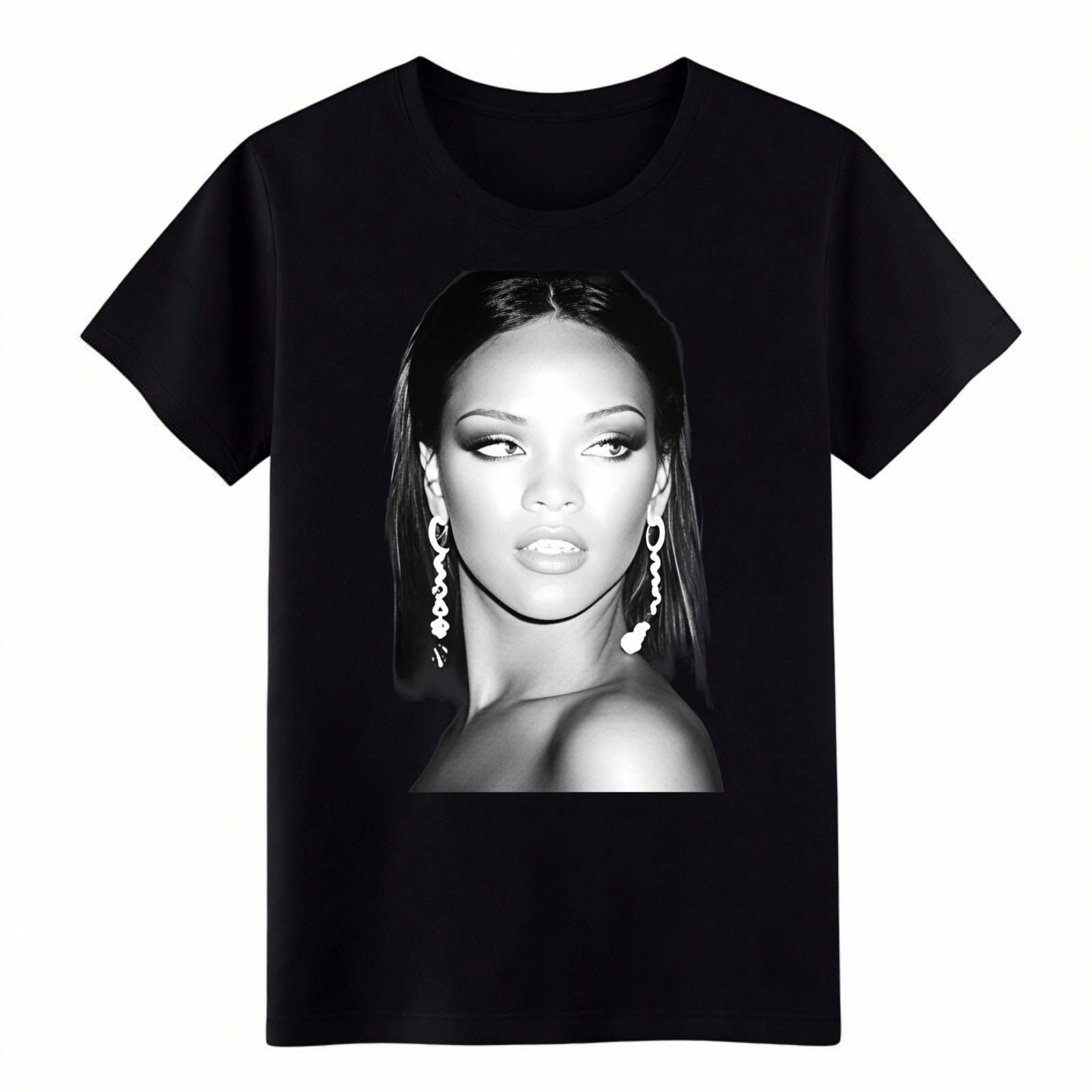 Rihanna Black and White Portrait Graphic T-Shirt,Music Fan Streetwear Cotton Tee gallery