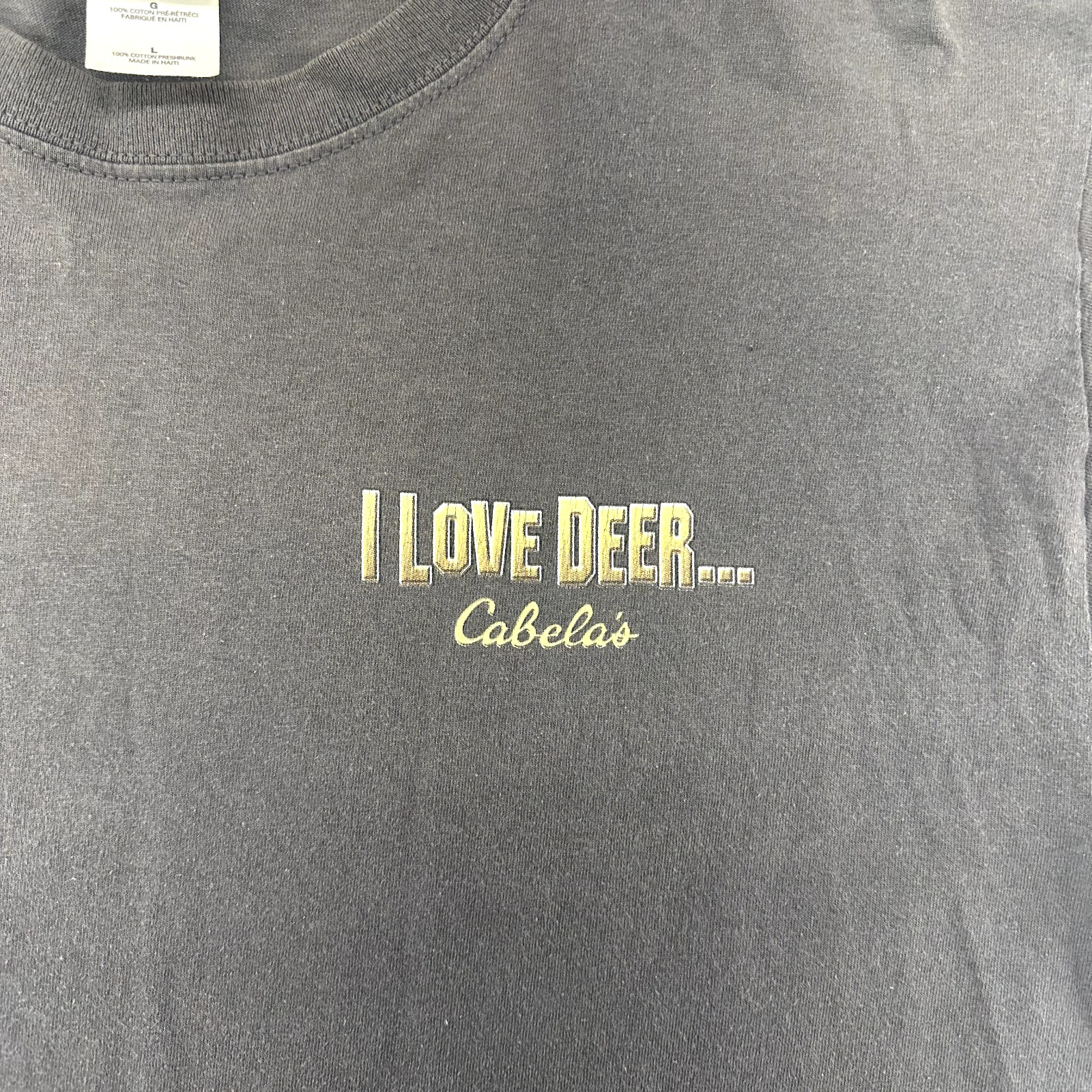 Cabelas Shirt Mens Large Gray Yellow I love Deer Graphic Spellout Print gallery