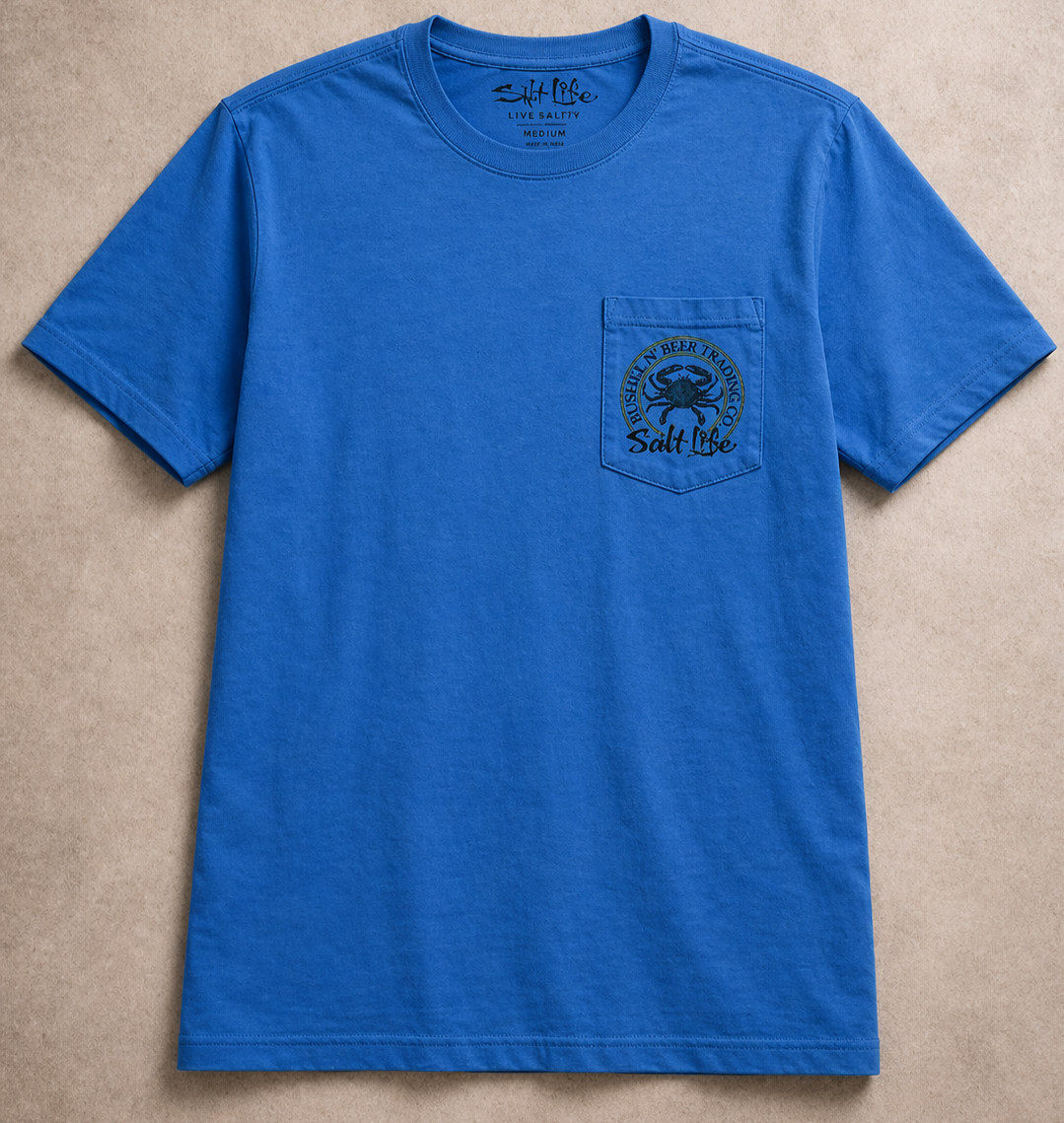 Salt Life Crab Graphic Tee Mens M Blue Beach Pocket Double Sided