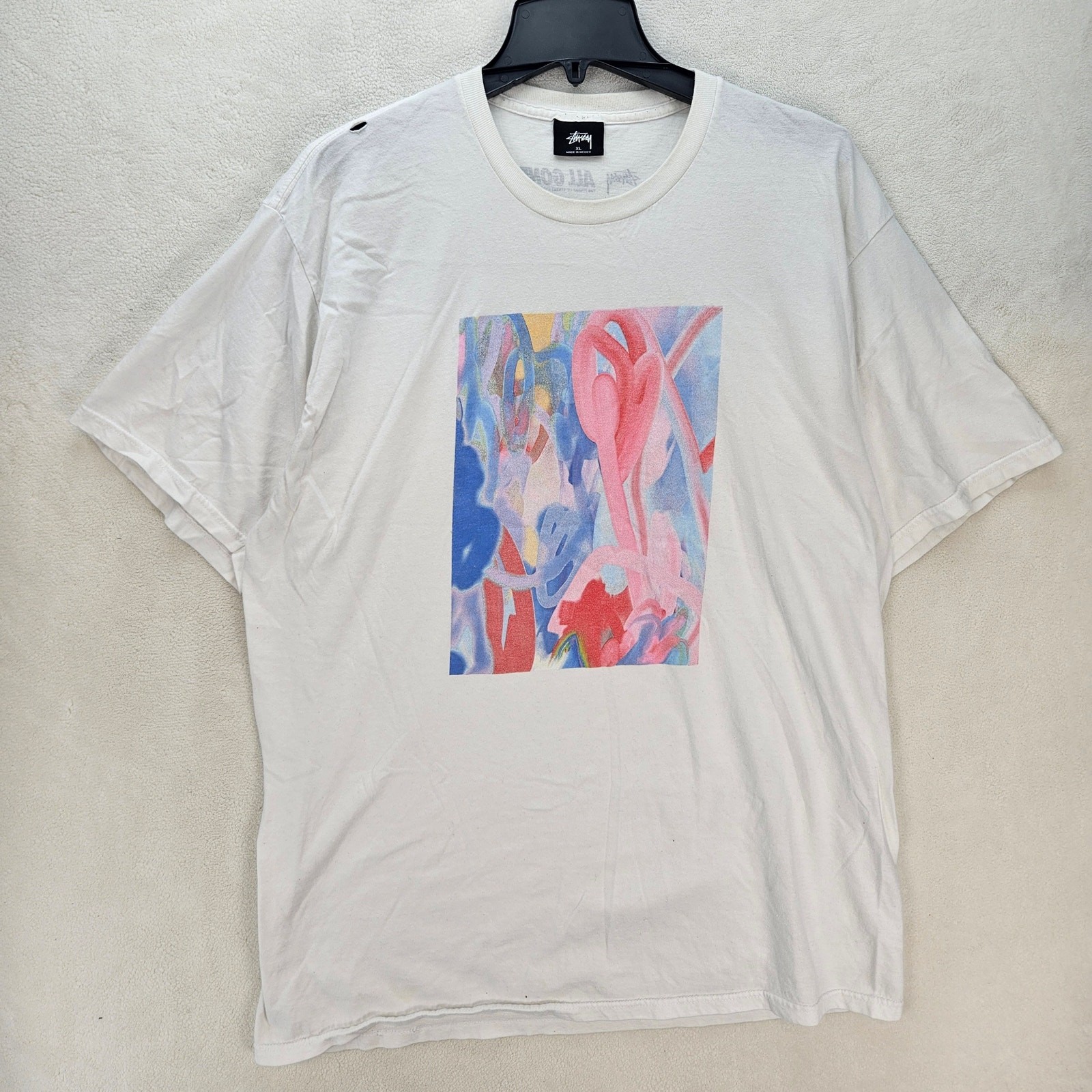 STUSSY X ALL GONE MEN’S XL WHITE TSHIRT GRAPHICS WITH HOLE