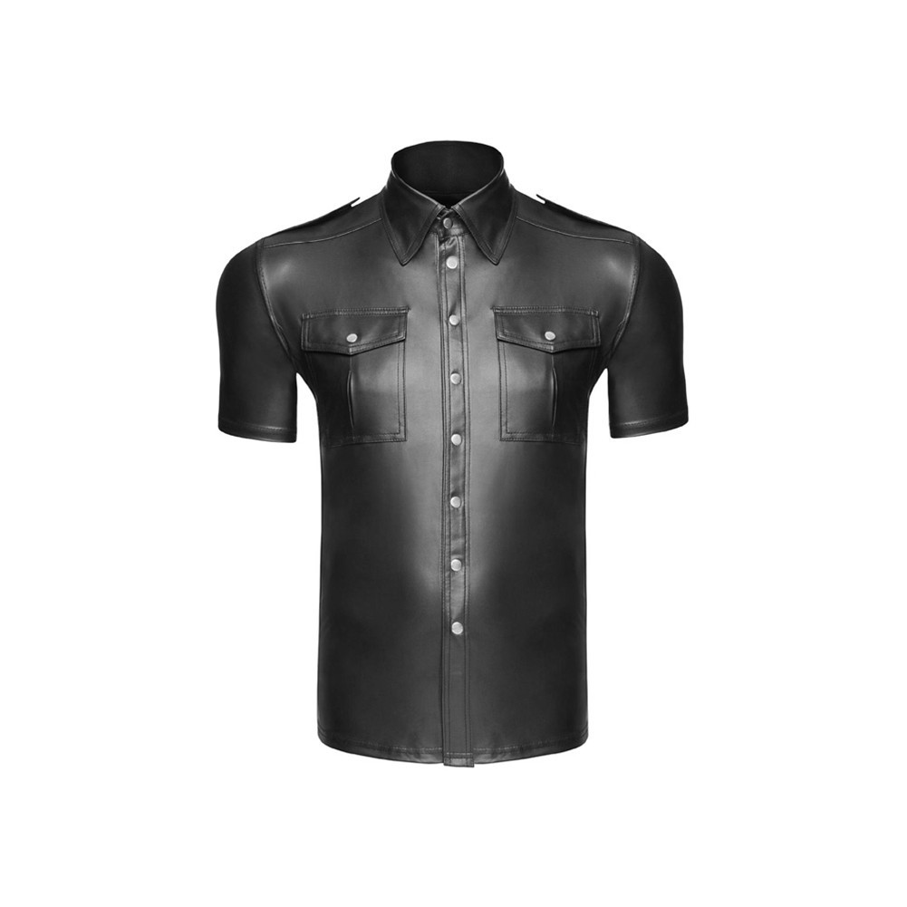 Men Black Faux Leather Short Sleeve Collared Shirt Wet Look Top Blouse gallery