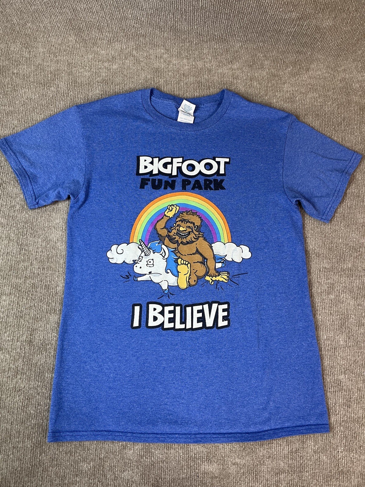 Adult S T Shirt Bigfoot Fun Park Rainbow Unicorn Believe Fantasy Blue Travel