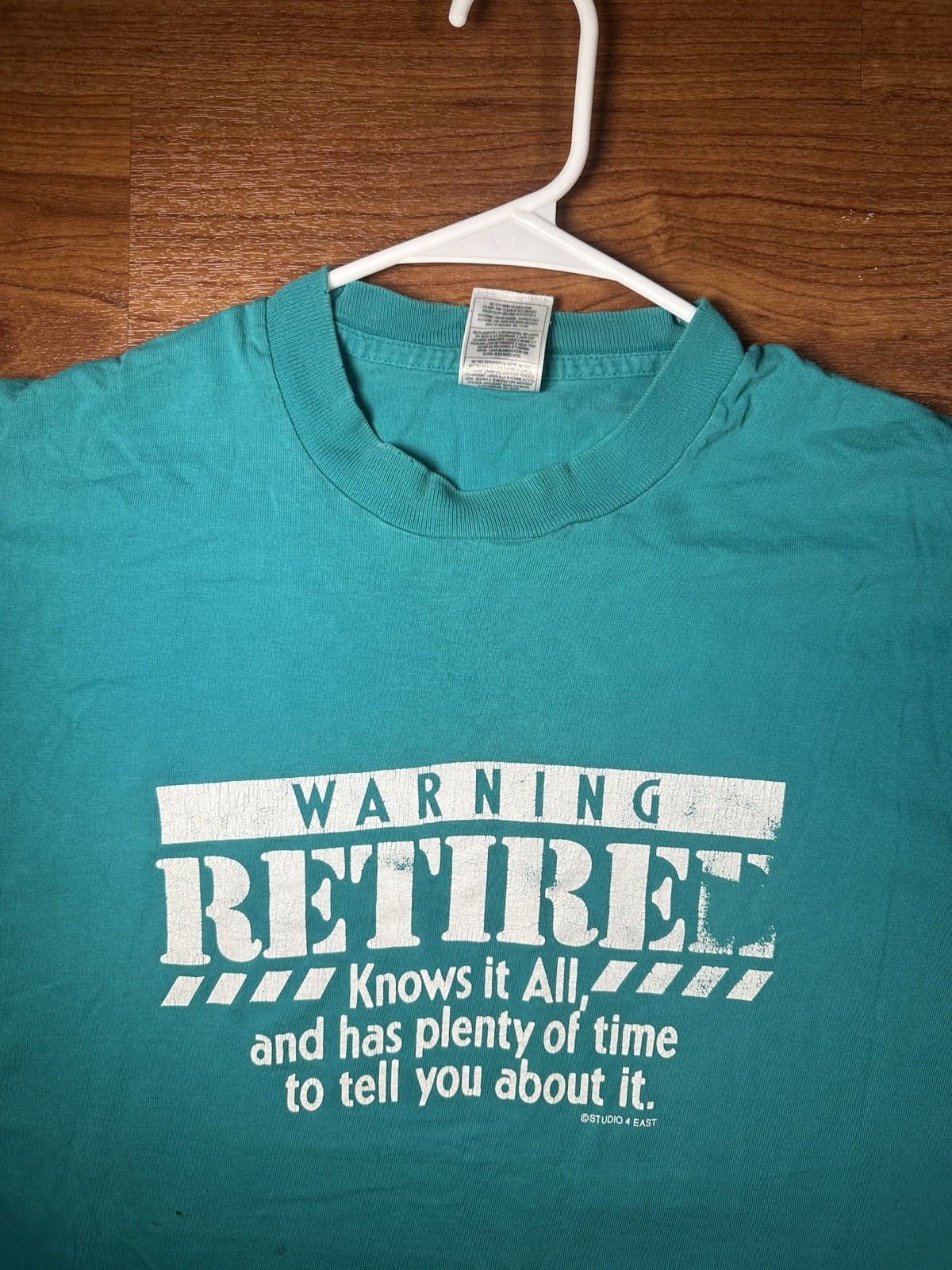 Vintage Retiree Warning Knows It All Teal Graphic T Shirt XL USA 12 gallery