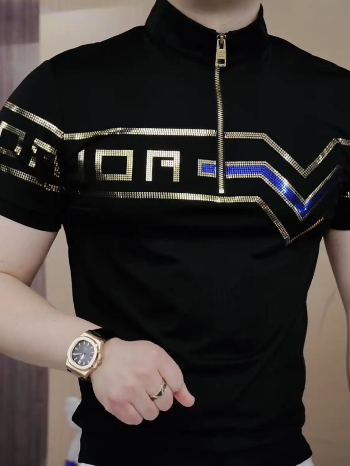 New Men Luxury Diamond Rhinestones Fashion Black Polo T-Shirt High Quality gallery