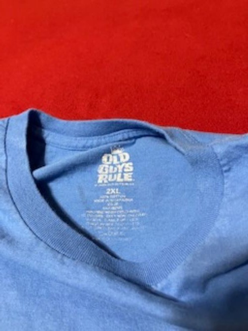 Old Guys Rule Local Legend Men's Light Blue Tee White Print Size 2XL *Stain gallery