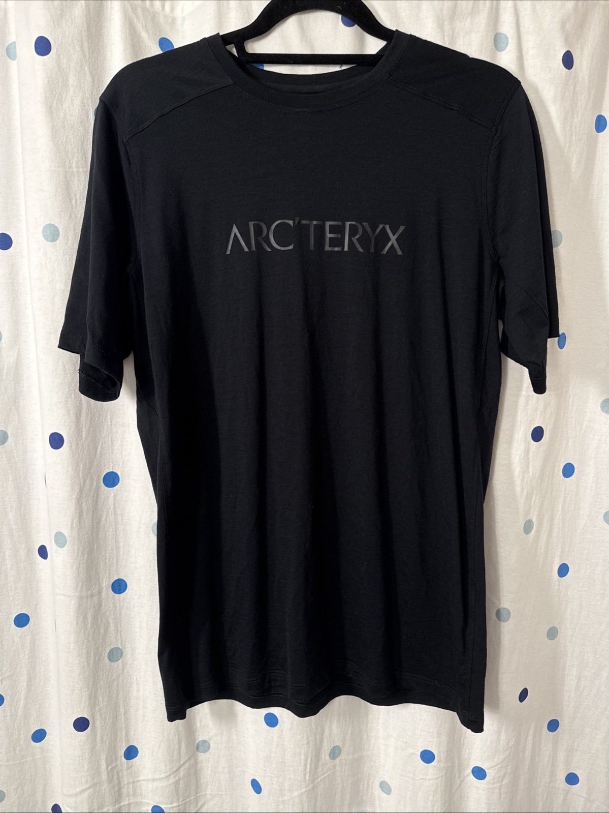 Arc’teryx T-Shirt Mens Medium Black Ionia Merino Wool Nylon ArcWord Logo Hiking