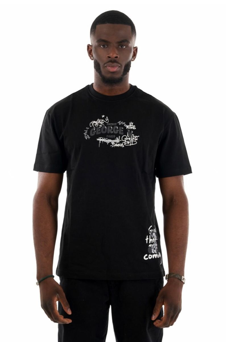 George Avenue V Paris Men Short Sleeves Fashion Black T-shirt Silver Teddy bear