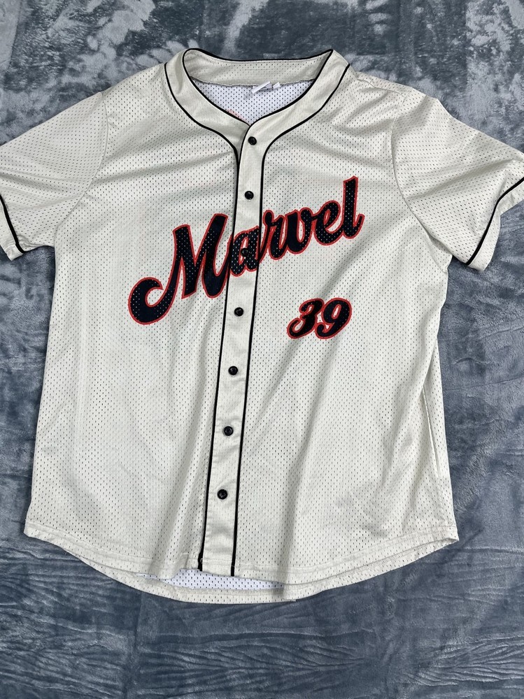 Marvel 3X Baseball Jersey Button-Up Avengers Graphic Back Beige & Red