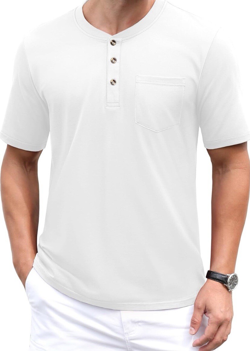 MAGCOMSEN Men’s Henley Shirts Short Sleeve Pocket Tee Shirts White Size M