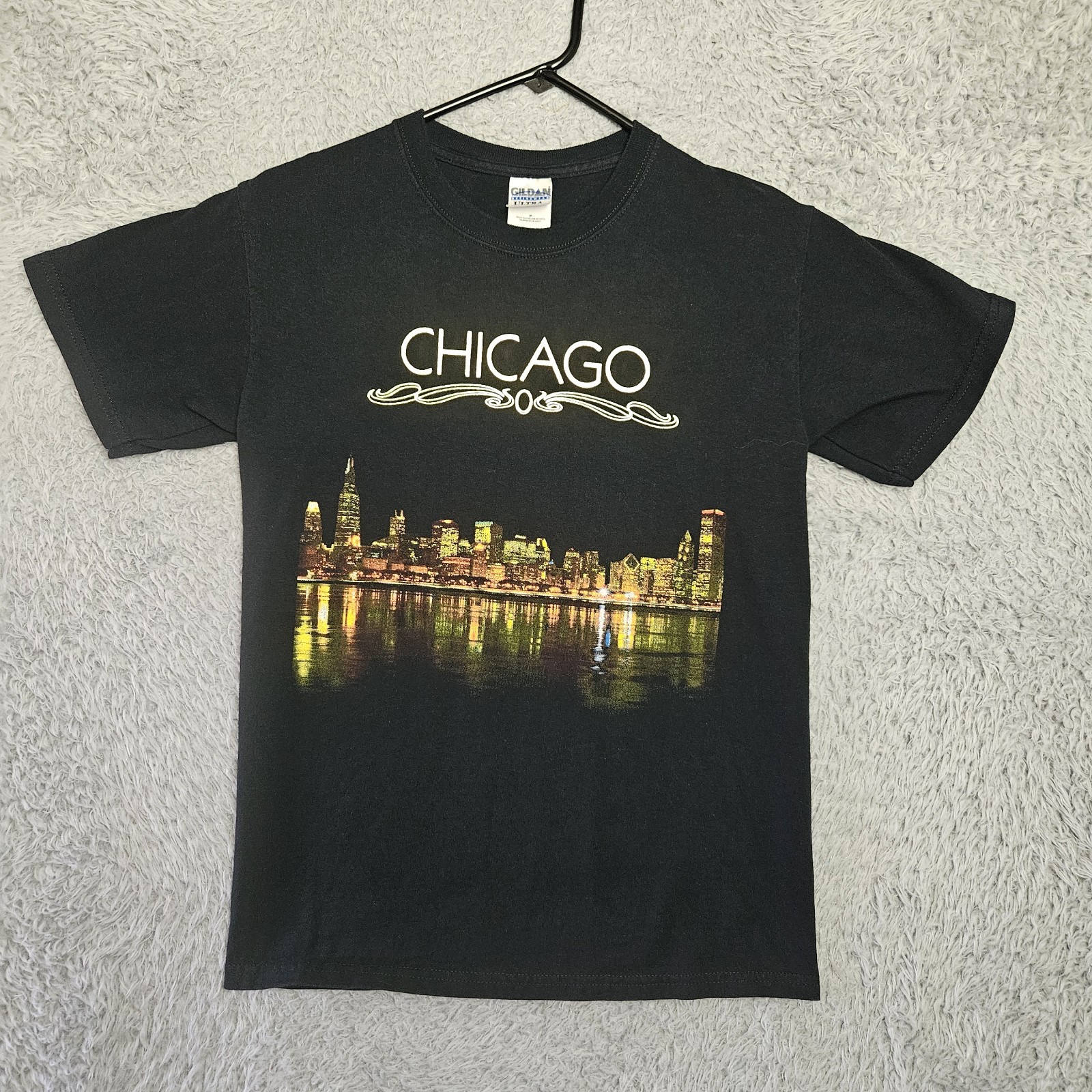 Vintage T Shirt Chicago Cityscape Y2K Metallic Ink Shiny Gold Men Small