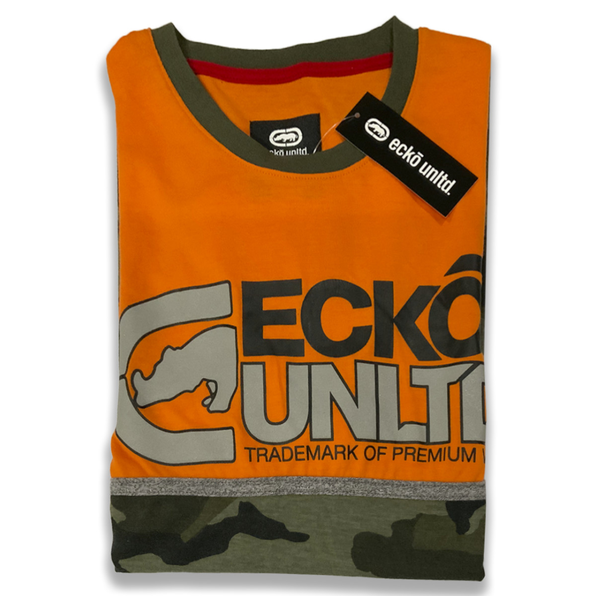 MSRP $38.99 NWT ECKO UNLTD. MEN ORANGE GREEN CAMO CREW NECK SHORT SLEEVE T-SHIRT gallery