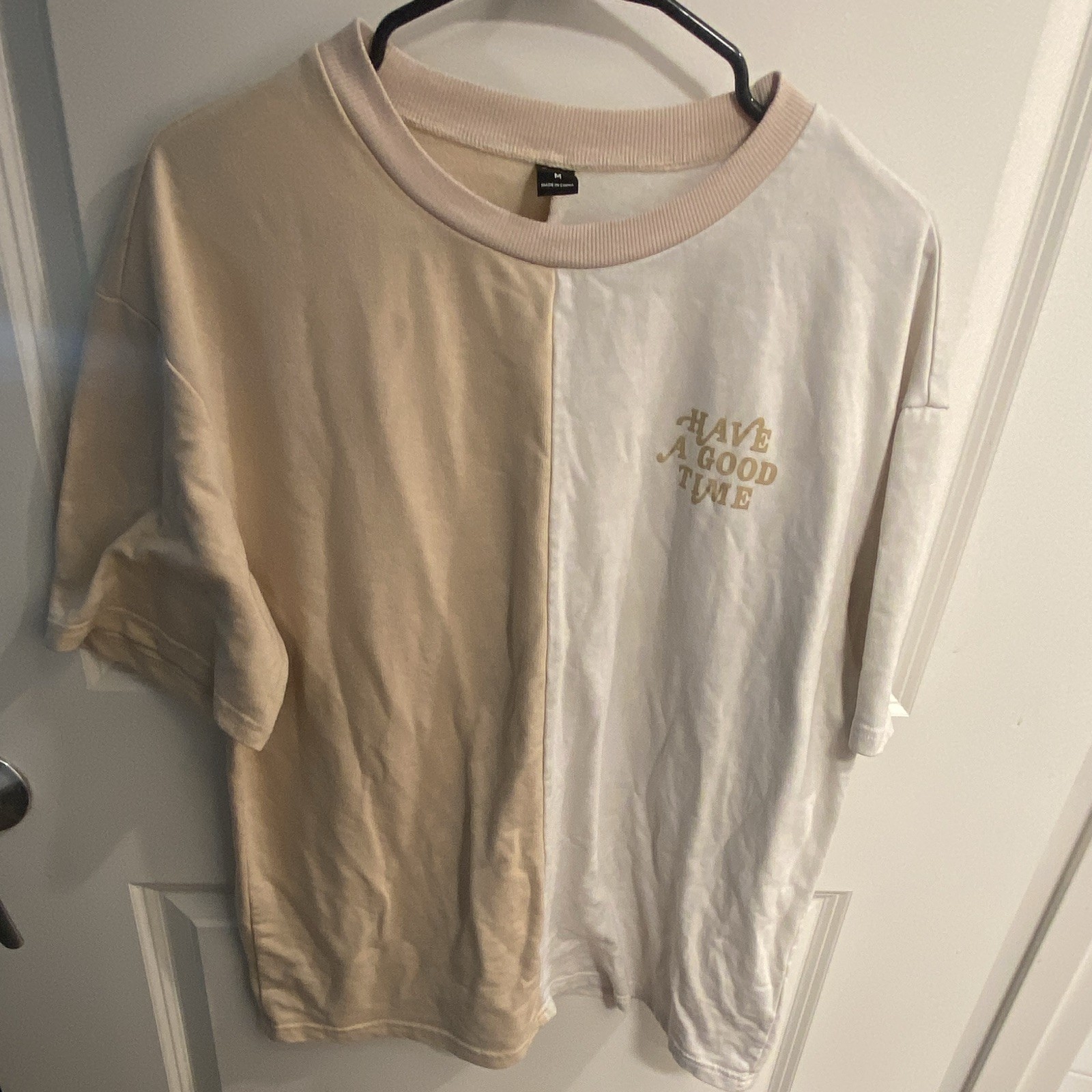 SHEIN Men Beige/White Colorblock Graphic Print Crew Neck Short Sleeve Tee M