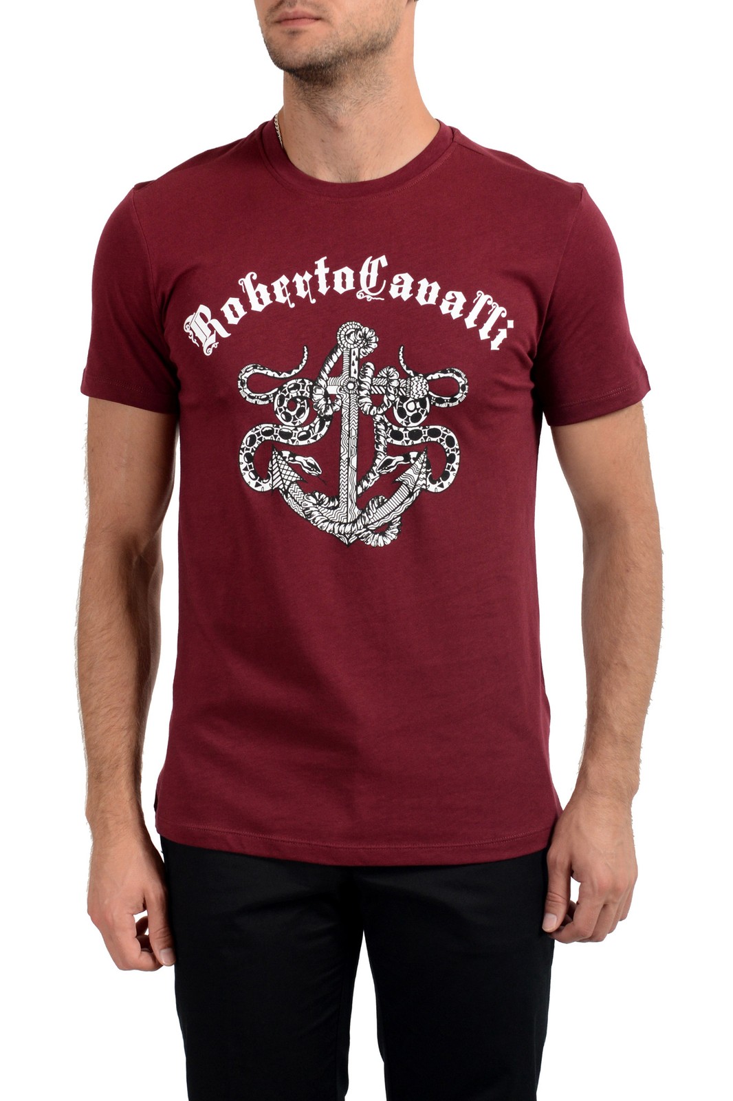 Roberto Cavalli Men's Burgundy Graphic Print Crewneck T-Shirt US M IT 50 gallery