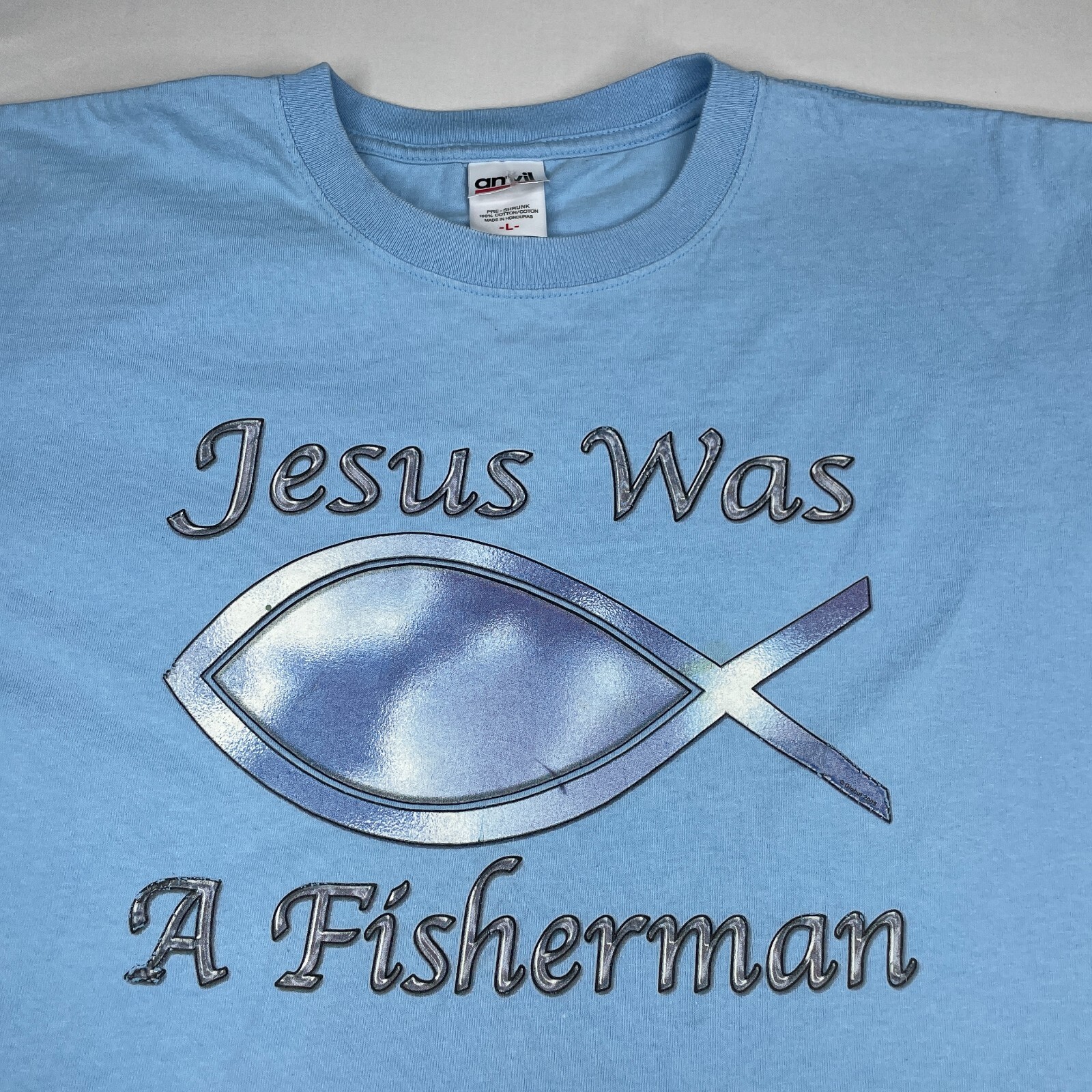 Vintage T Shirt Mens Large Blue Short Sleeve Tee Jesus Was A Fisherman gallery