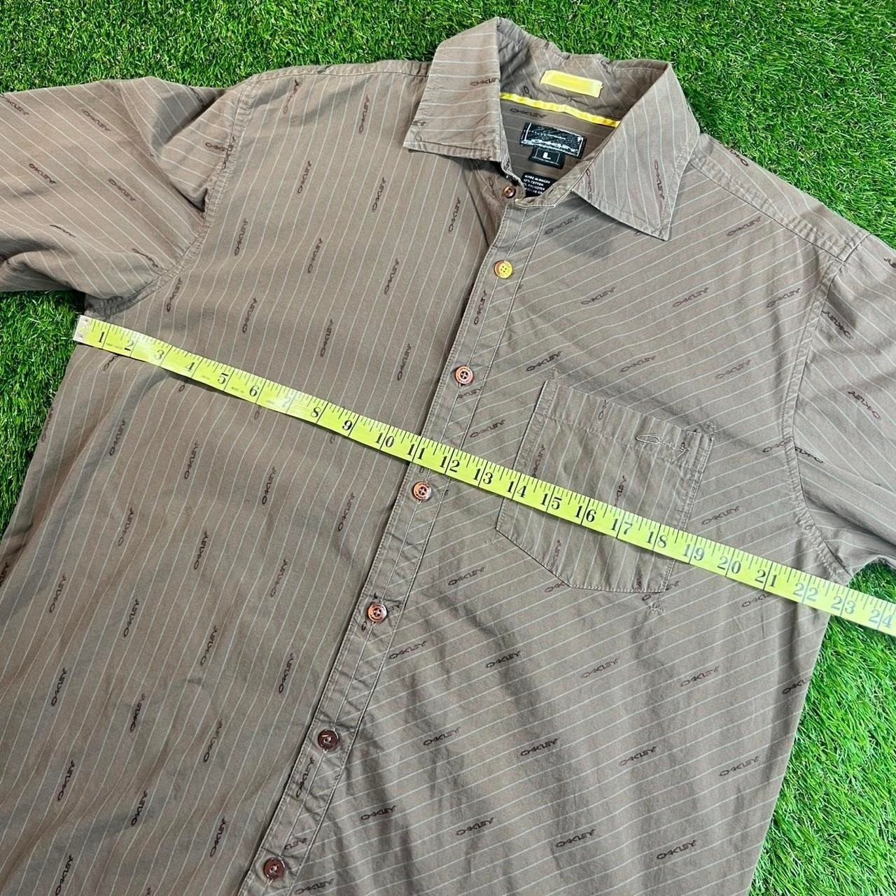 Vintage Oakley Logo Print Button Up Shirt Brown Stripe Y2K Mens Large Skate gallery