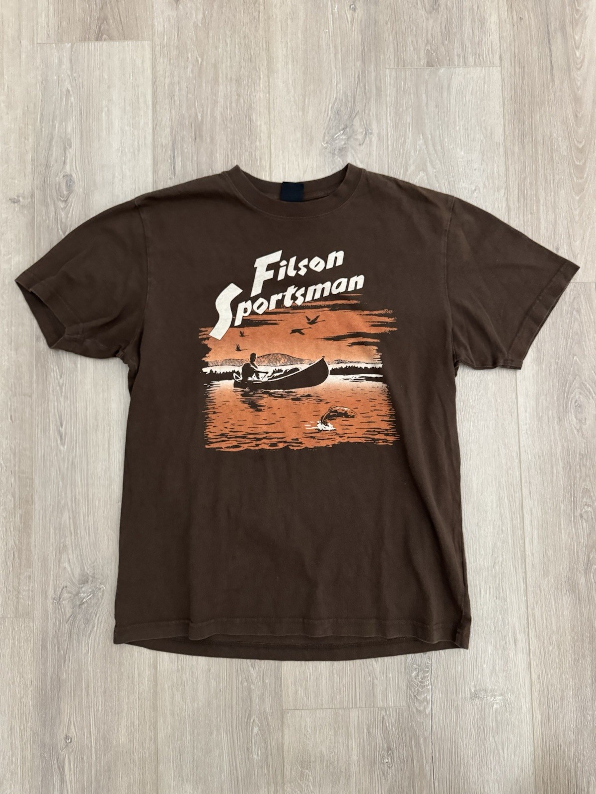 Filson Pioneer Sportsman Tee M Coffee Brown Canoe Fishing Graphic Shirt USA gallery