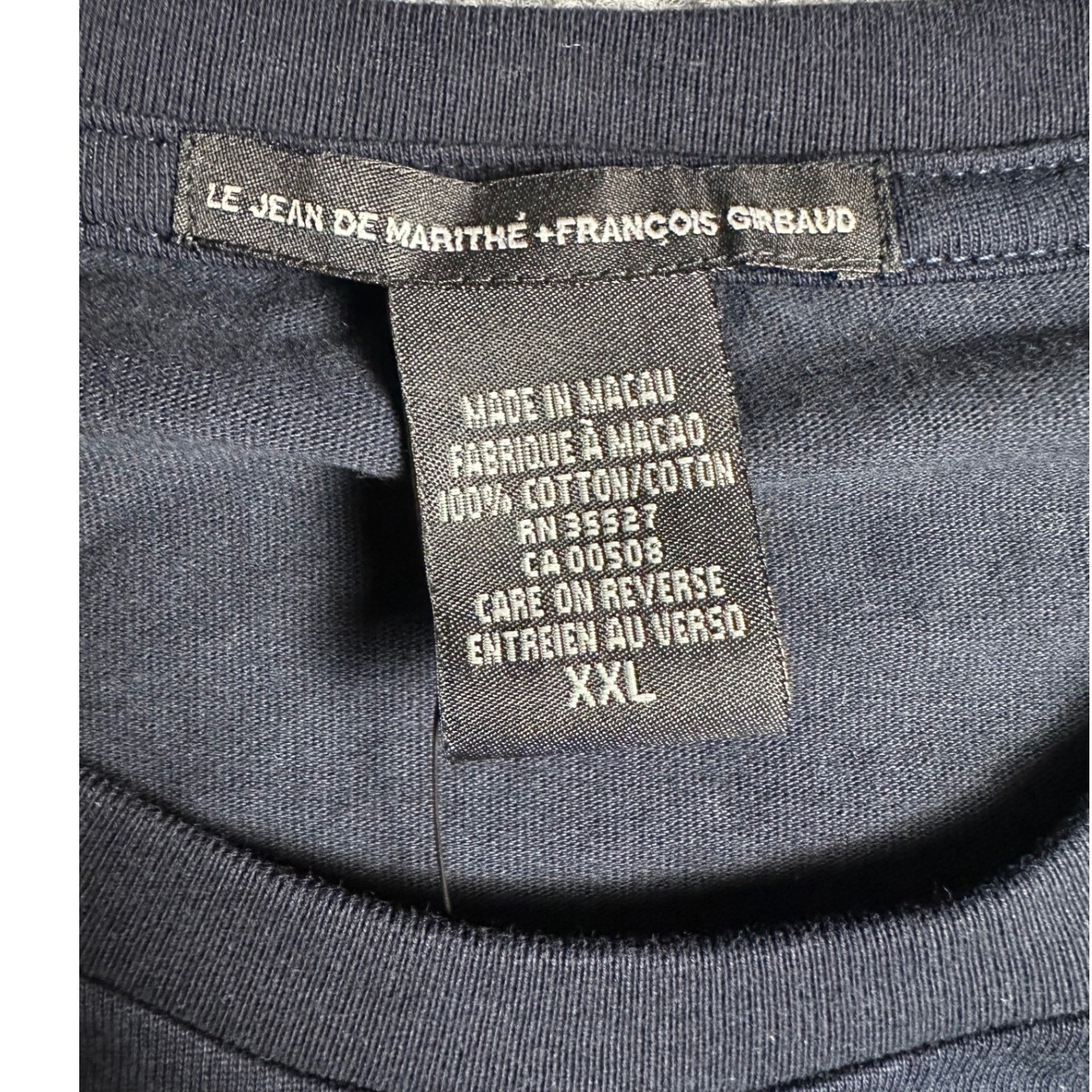 Vintage MARITHE FRANCOIS GIRBAUD Dark Indigo Cotton T Shirt 2XL Graphic Patch gallery