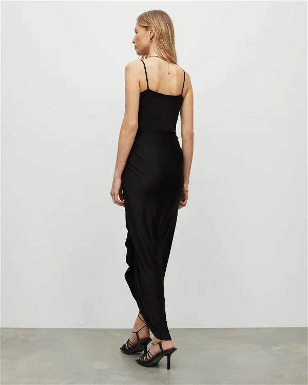 All Saints Womens Draped Midi Dress Sleeveless Slim Square Neck Gathered Skirt gallery
