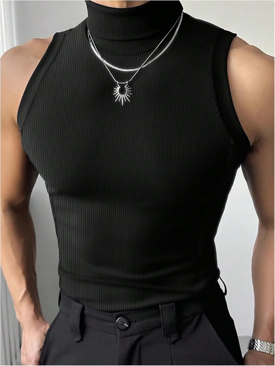 Men's Sleeveless Ribbed Knit Mock Turtleneck Muscle Fit Tank Top Pullover Shirt gallery