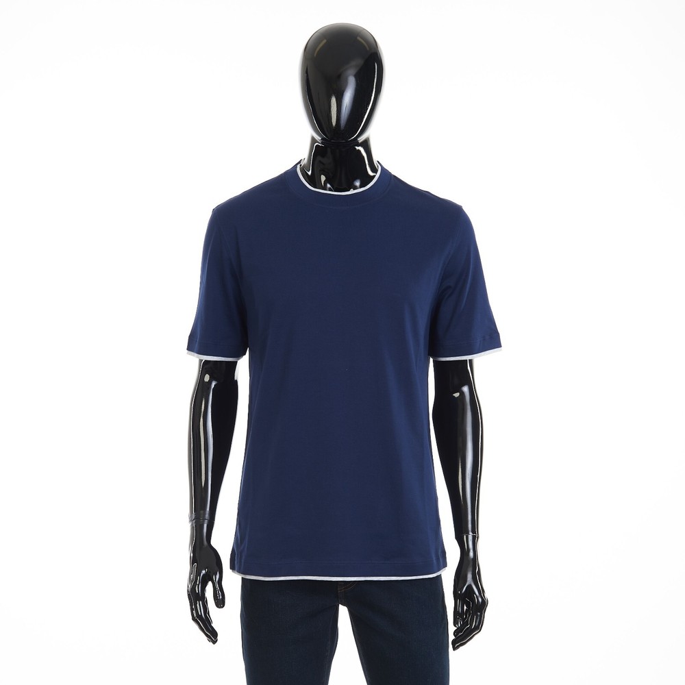 BRUNELLO CUCINELLI 550$ Crewneck Tshirt – Faux Layering, Dark Blue Cotton Jersey