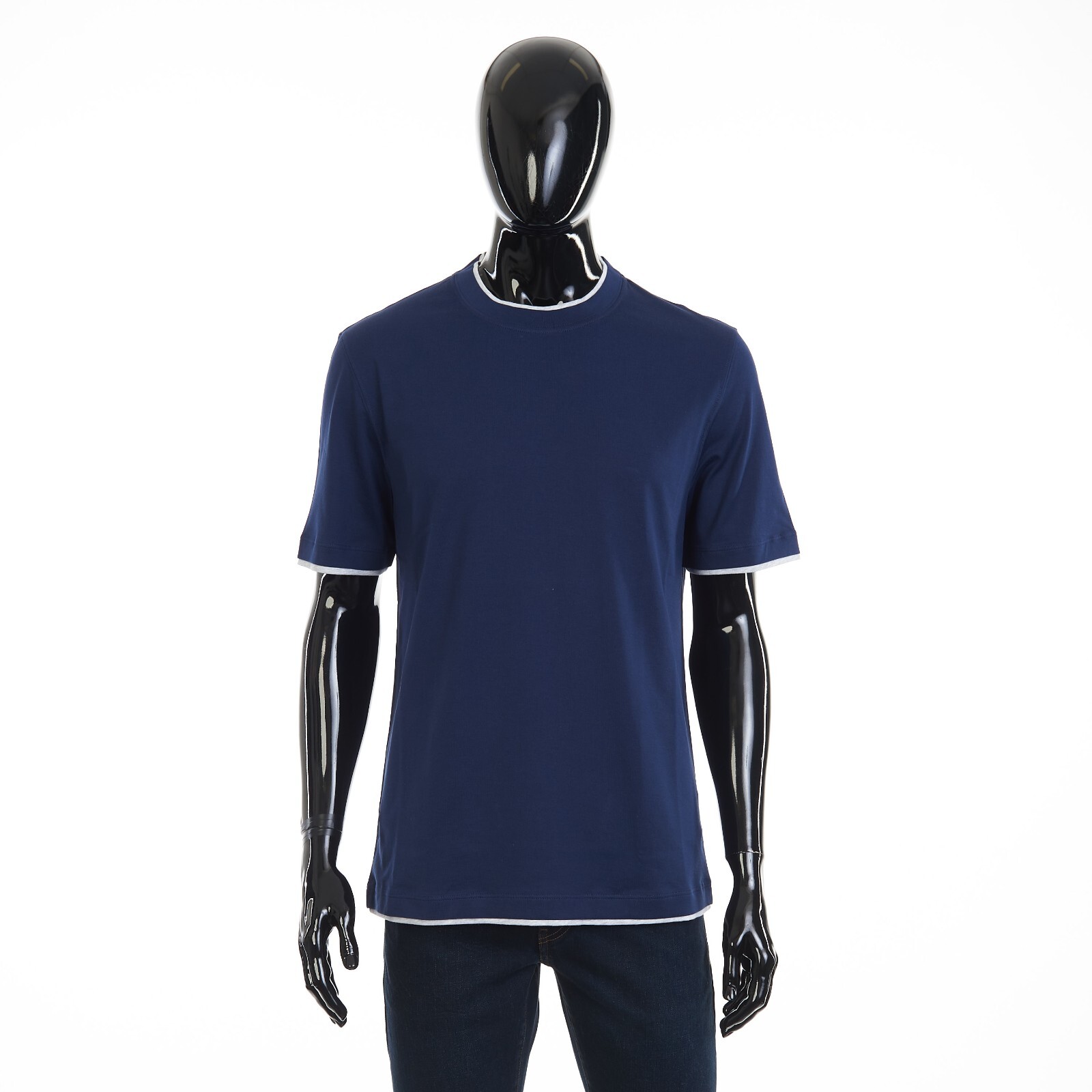 BRUNELLO CUCINELLI 550$ Crewneck Tshirt – Faux Layering, Dark Blue Cotton Jersey