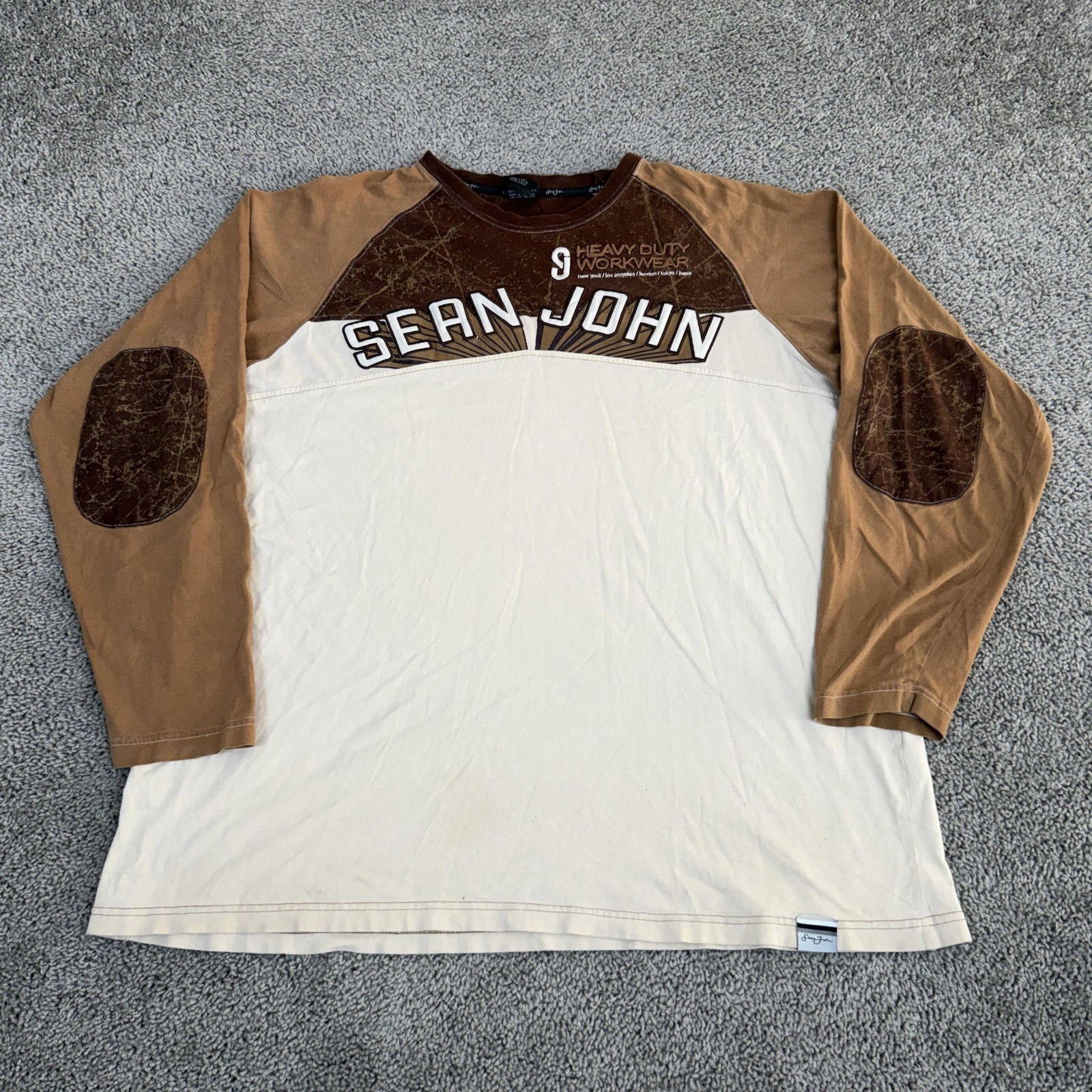 Sean John Shirt Mens 2XL Brown Heavy Duty Workwear Long Sleeve Graphic Tee Top