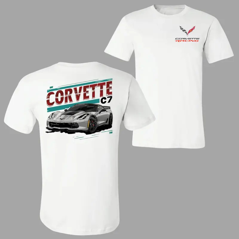Corvette C7 T-Shirt, Classic Sports Car Graphic Tee 2 Sides with Corvette