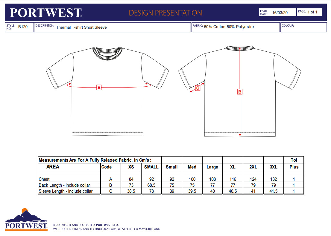 Portwest Thermal T-Shirt Short Sleeve Baselayers Cotton T-Shirt B120 gallery