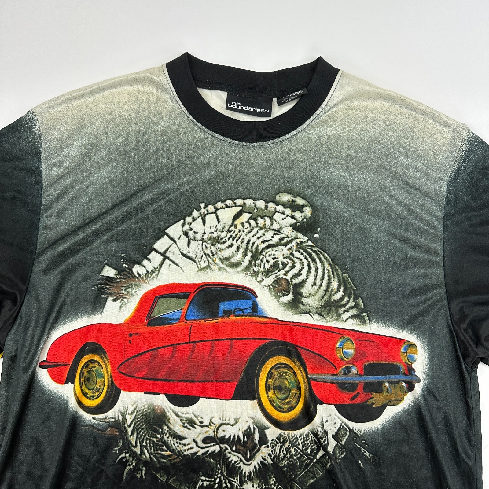 VTG Y2K No Boundaries Sheer T-Shirt S/S Car Flames Gasoline Tiger Sz M Polyester gallery