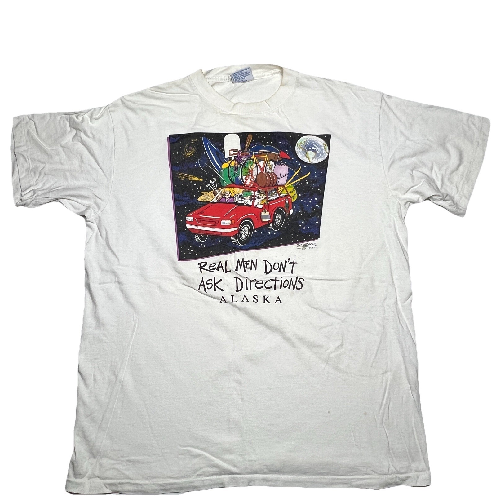 Vtg Real Men Don't Ask Directions Shirt Mens XL Moech Art Comic Funny 1993 gallery
