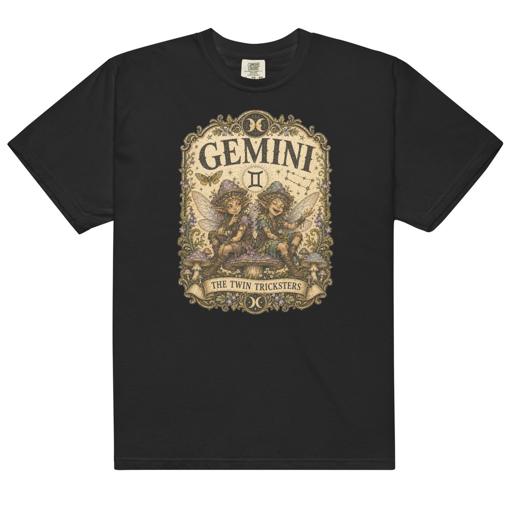 Gemini Twin Tricksters Premium Comfort T-Shirt Mushroom Fairies Zodiac Tee S-4XL